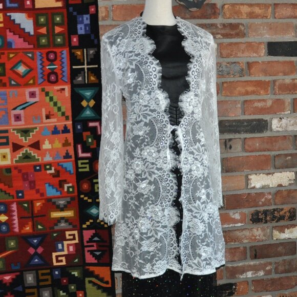 Calla Blanche Ivory White Sheer Lace Robe, Bell Sleeves. New with tags. M - Picture 2 of 10